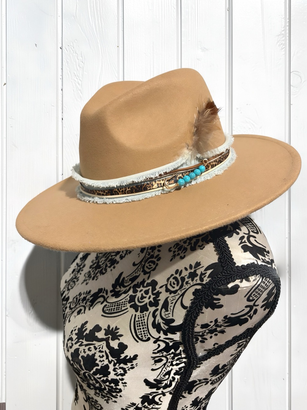 Tan Wide-Brim Cowboy Hat with Turquoise Bead Trim